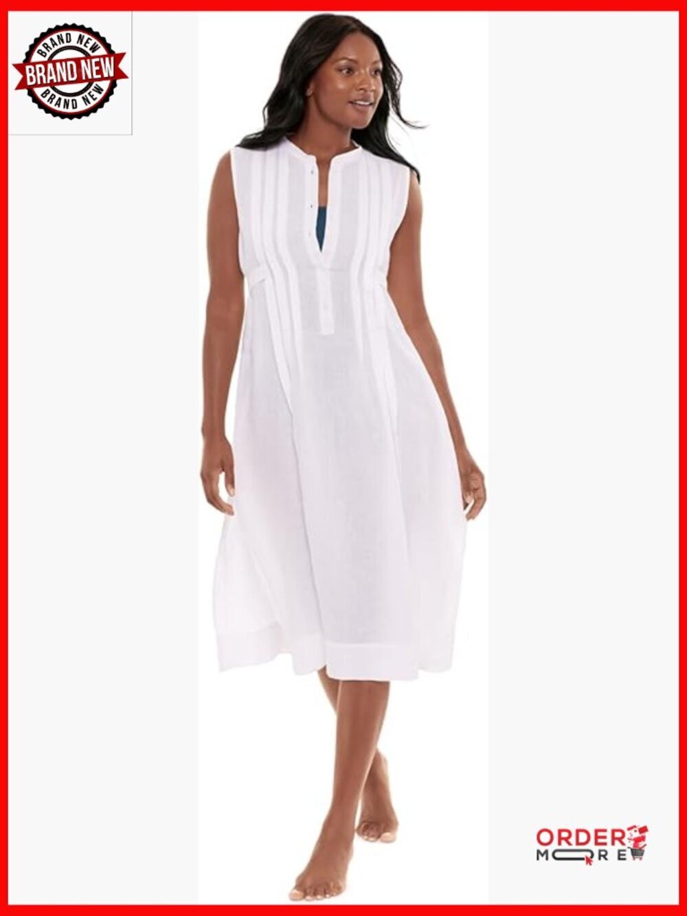 Pleated Linen Beach Dress Swimsuit Cover Up Button Front Midi